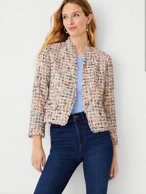 Ann Taylor Confetti Tweed Multicolor Fringe Blazer Size 0